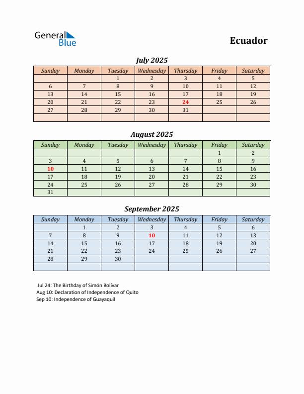 Q3 2025 Holiday Calendar - Ecuador