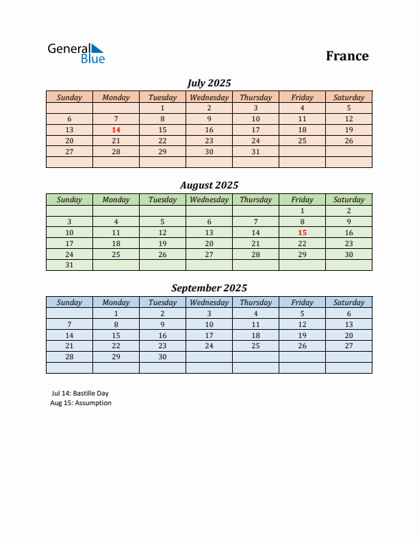 Q3 2025 Holiday Calendar - France