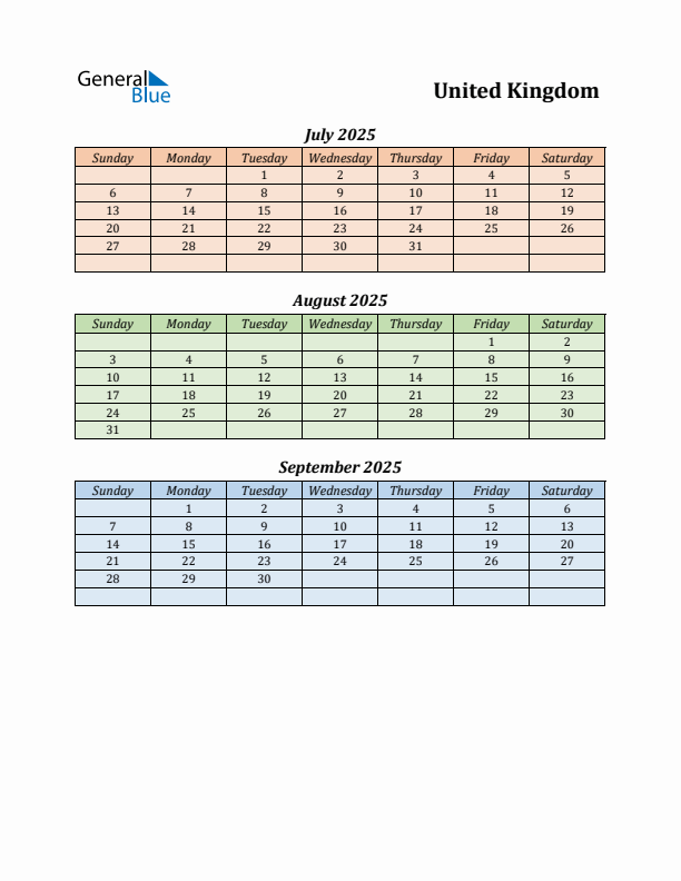 Q3 2025 Holiday Calendar - United Kingdom