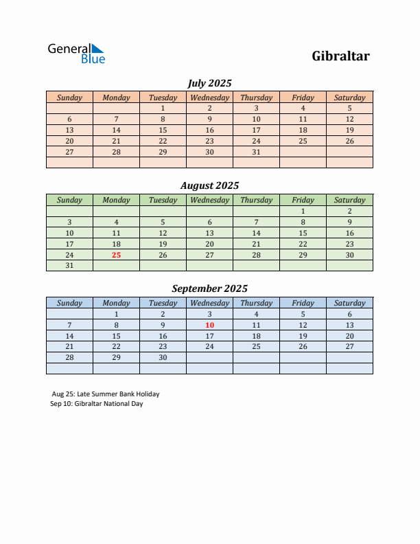 Q3 2025 Holiday Calendar - Gibraltar