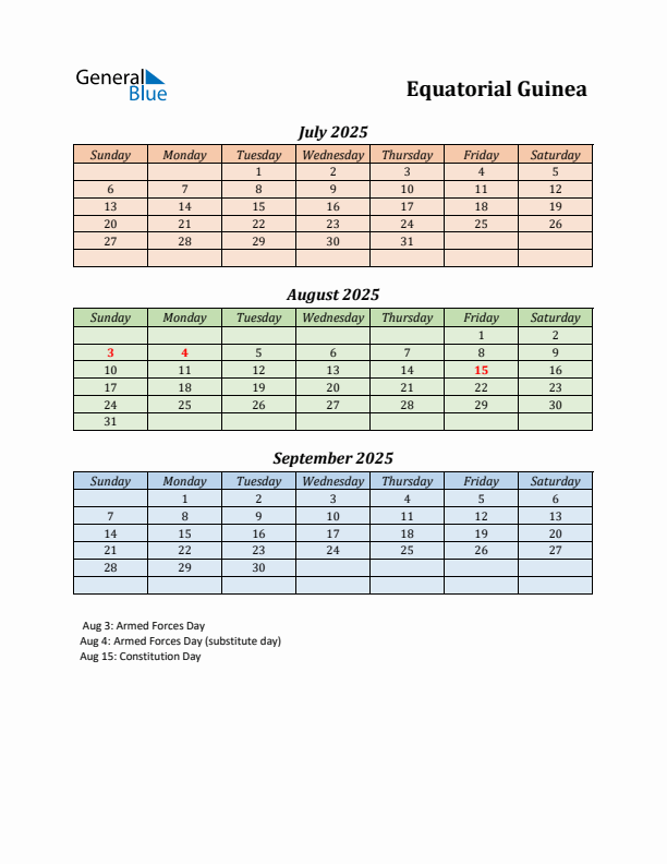 Q3 2025 Holiday Calendar - Equatorial Guinea