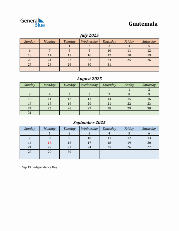 Q3 2025 Holiday Calendar - Guatemala