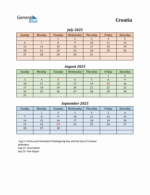 Q3 2025 Holiday Calendar - Croatia