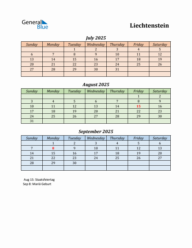 Q3 2025 Holiday Calendar - Liechtenstein