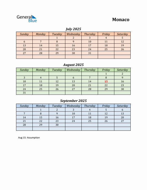 Q3 2025 Holiday Calendar - Monaco