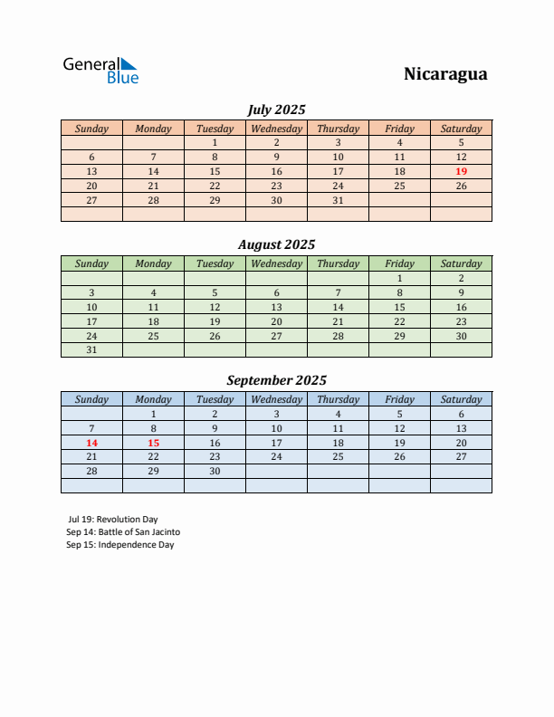 Q3 2025 Holiday Calendar - Nicaragua