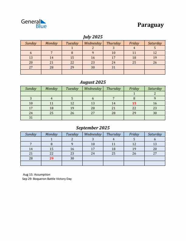 Q3 2025 Holiday Calendar - Paraguay