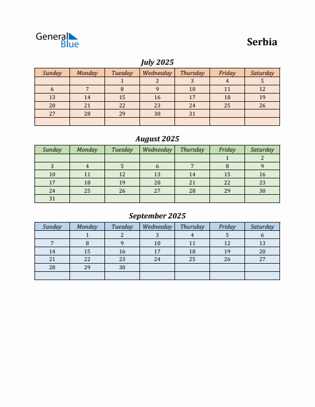 Q3 2025 Holiday Calendar - Serbia