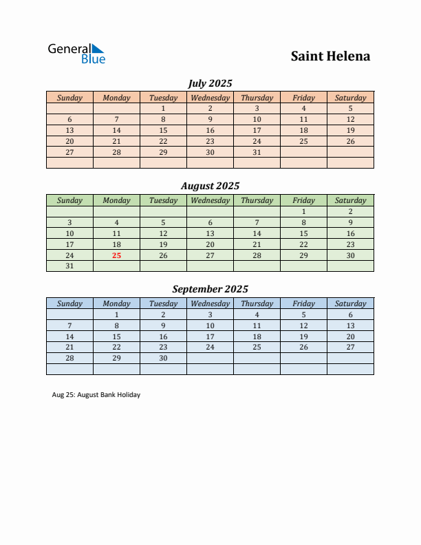 Q3 2025 Holiday Calendar - Saint Helena