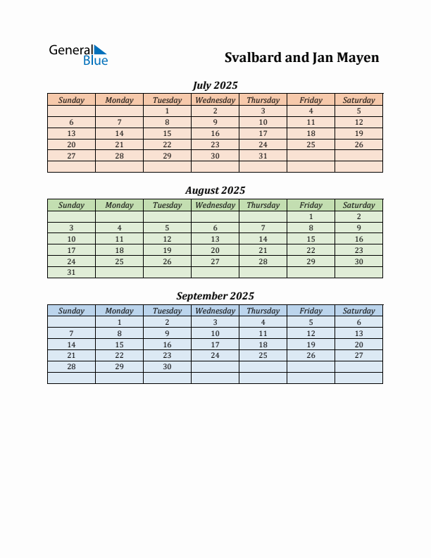 Q3 2025 Holiday Calendar - Svalbard and Jan Mayen