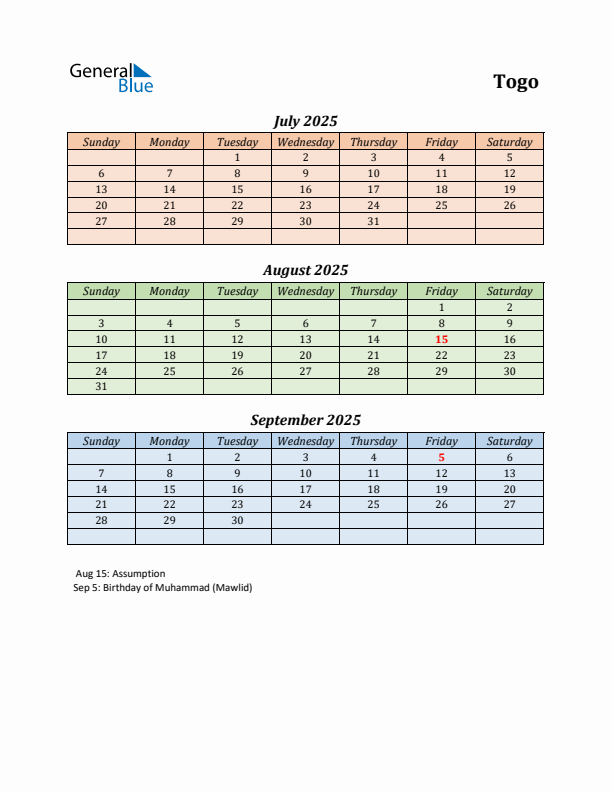 Q3 2025 Holiday Calendar - Togo