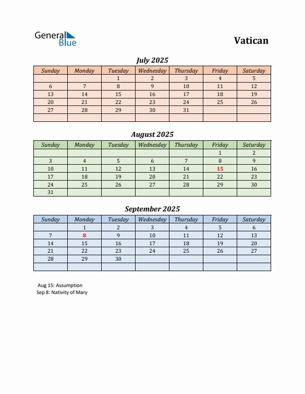 Q3 2025 Holiday Calendar - Vatican