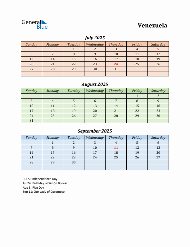 Q3 2025 Holiday Calendar - Venezuela