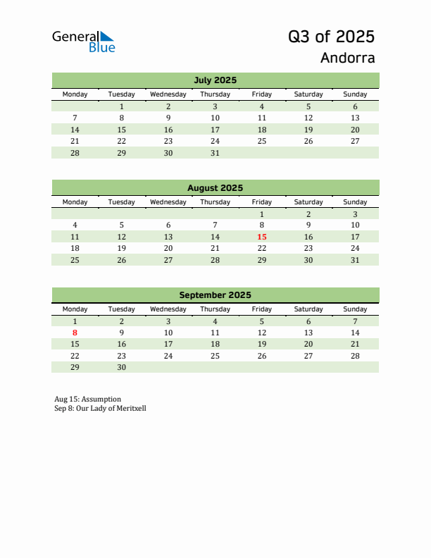 Quarterly Calendar 2025 with Andorra Holidays