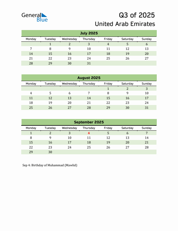 Quarterly Calendar 2025 with United Arab Emirates Holidays