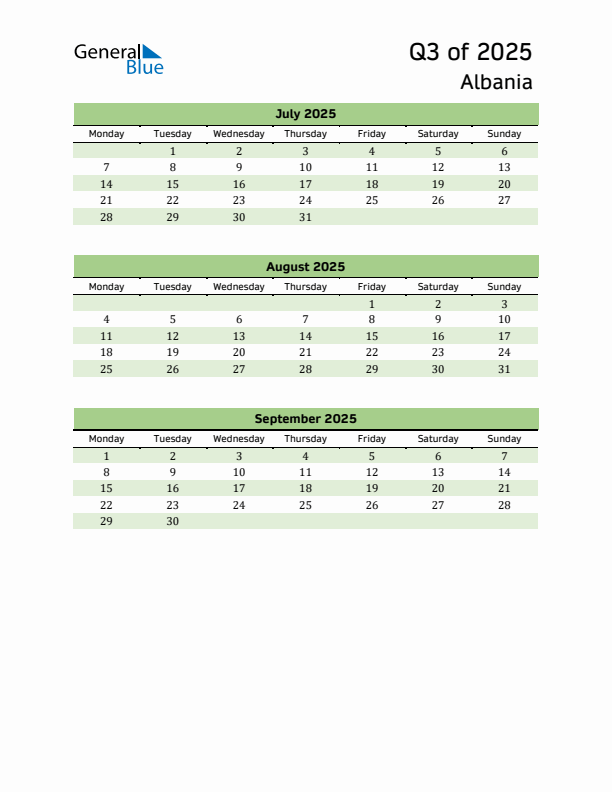 Quarterly Calendar 2025 with Albania Holidays