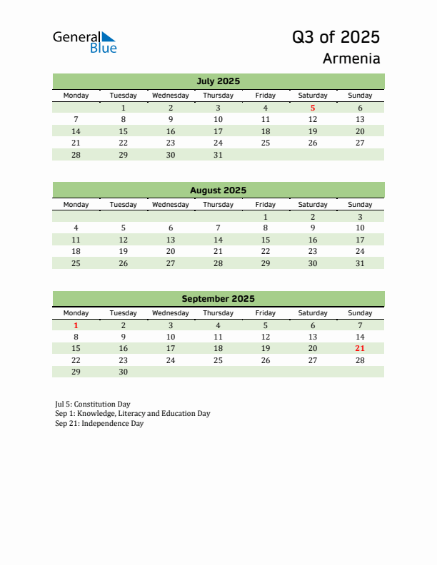 Quarterly Calendar 2025 with Armenia Holidays