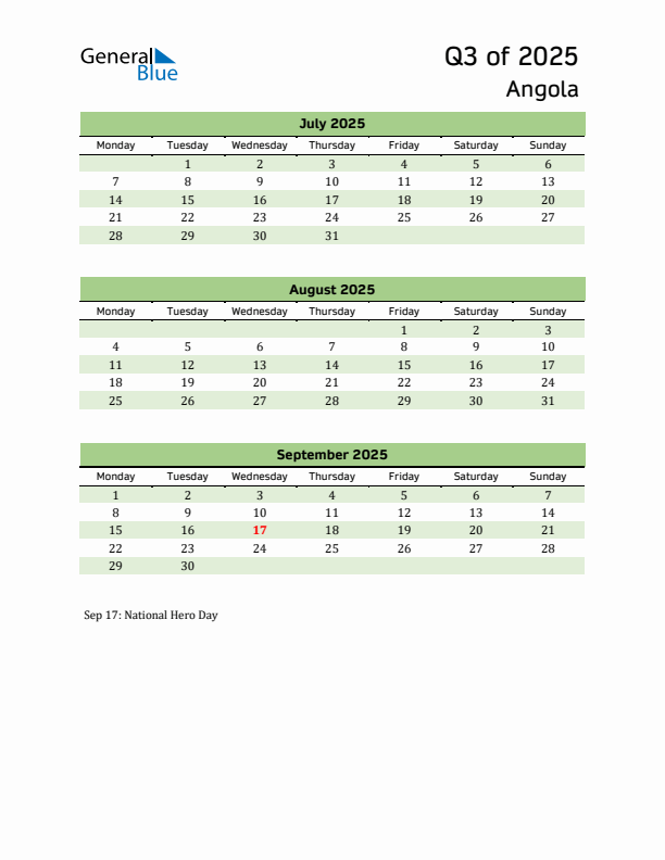 Quarterly Calendar 2025 with Angola Holidays