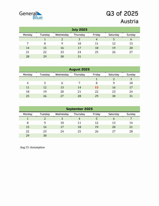 Quarterly Calendar 2025 with Austria Holidays