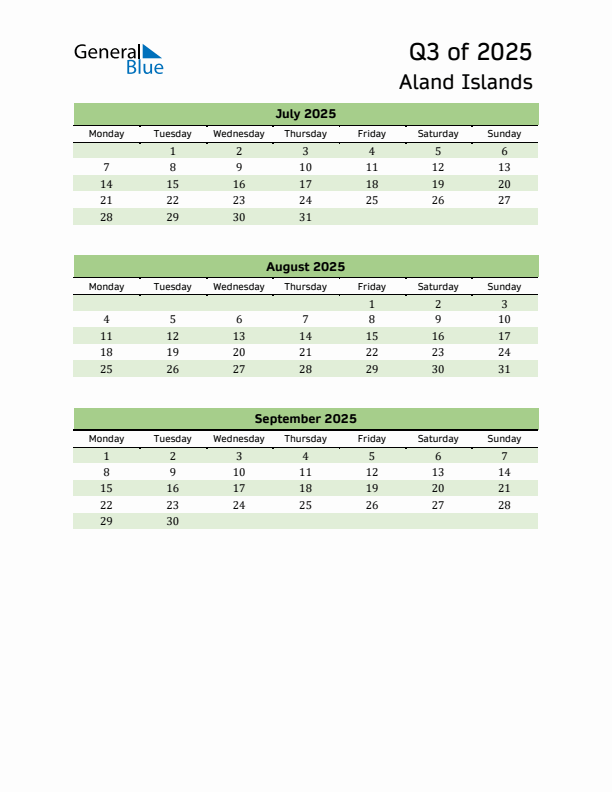 Quarterly Calendar 2025 with Aland Islands Holidays