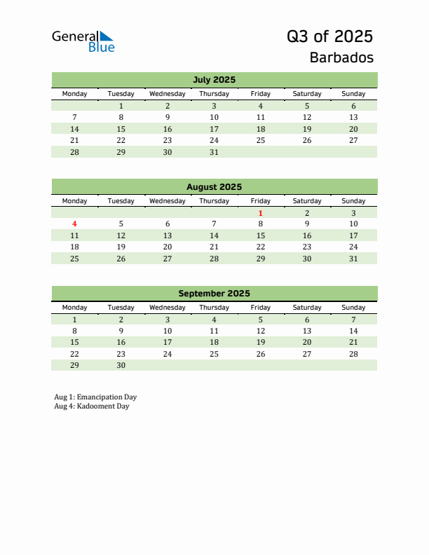 Quarterly Calendar 2025 with Barbados Holidays