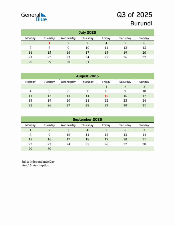 Quarterly Calendar 2025 with Burundi Holidays