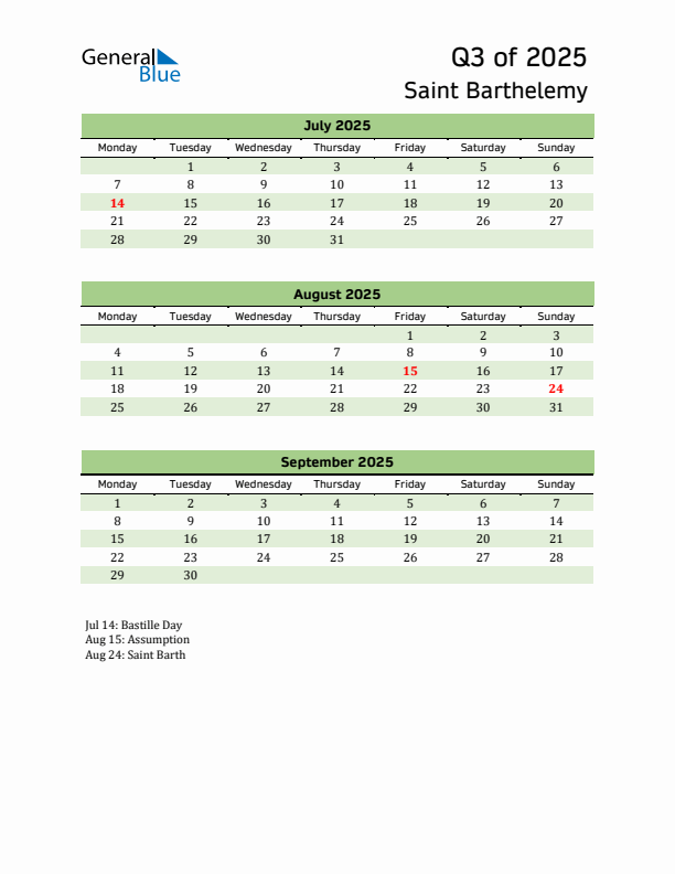 Quarterly Calendar 2025 with Saint Barthelemy Holidays