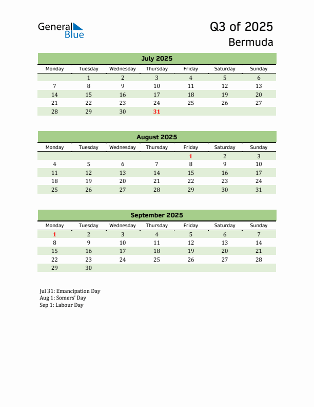 Quarterly Calendar 2025 with Bermuda Holidays