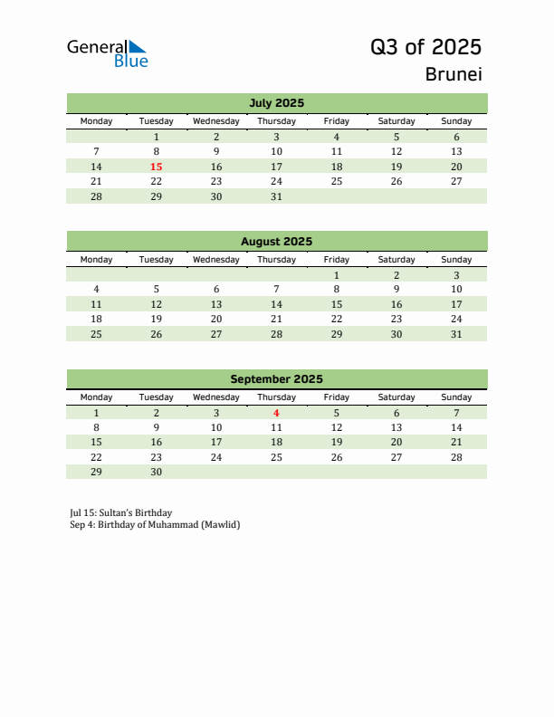 Quarterly Calendar 2025 with Brunei Holidays