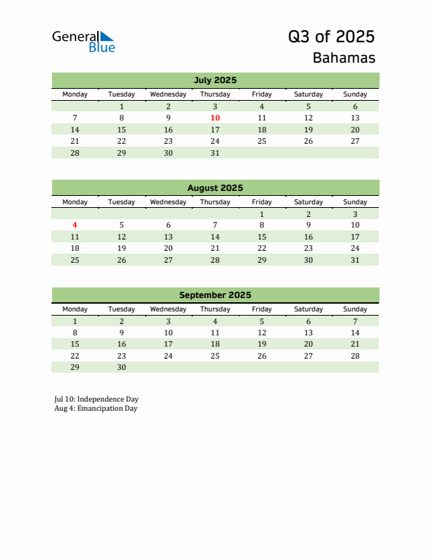 Quarterly Calendar 2025 with Bahamas Holidays