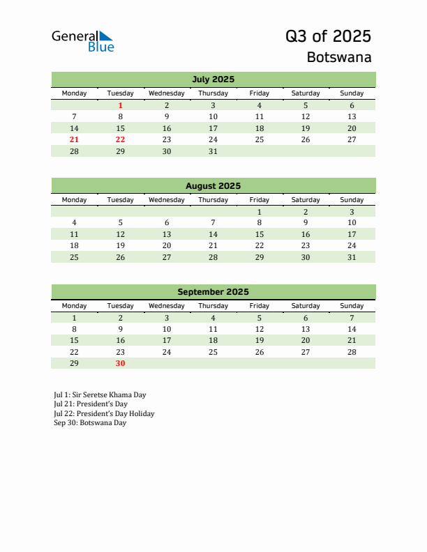 Quarterly Calendar 2025 with Botswana Holidays