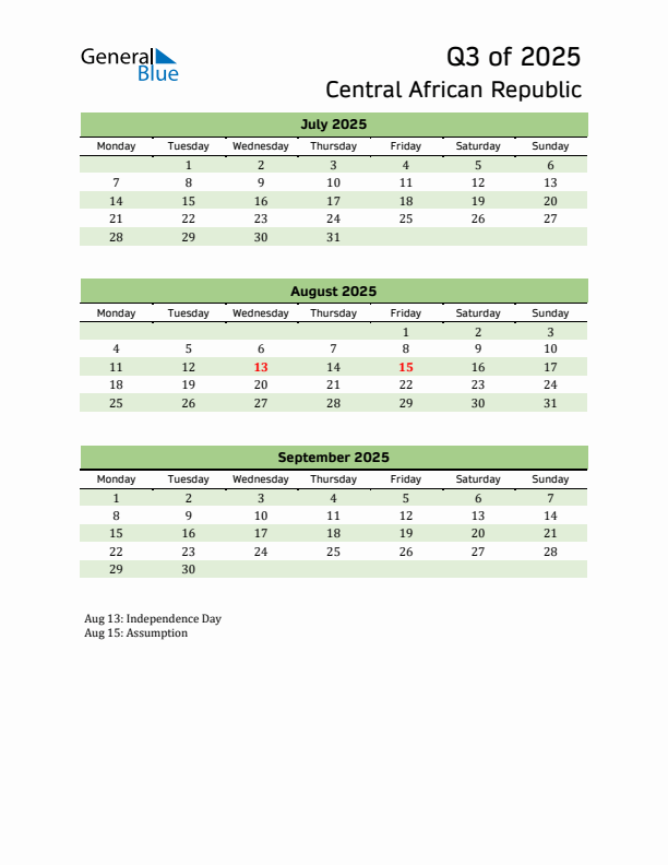 Quarterly Calendar 2025 with Central African Republic Holidays