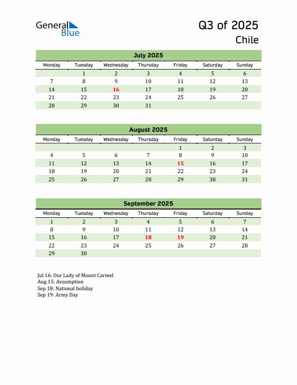 Quarterly Calendar 2025 with Chile Holidays