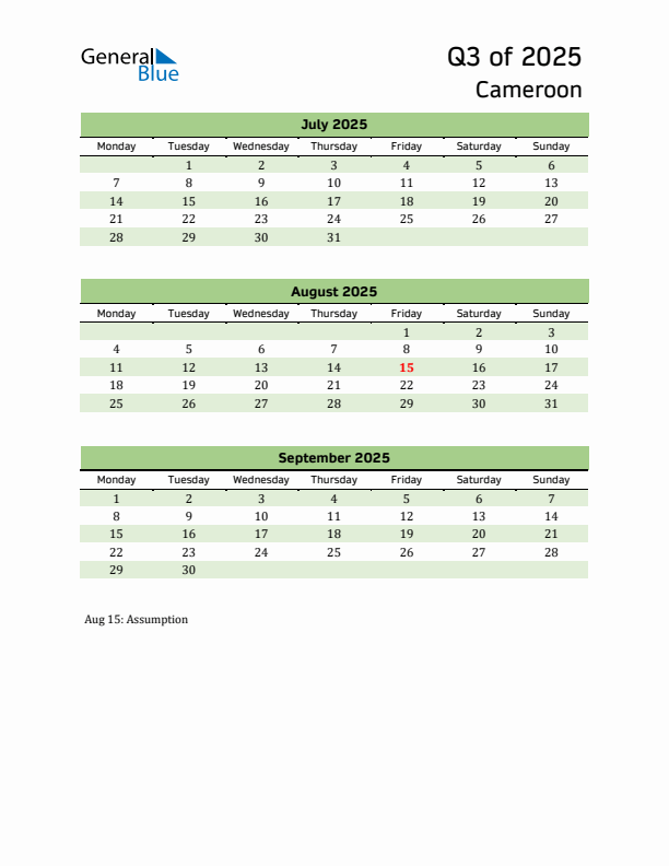 Quarterly Calendar 2025 with Cameroon Holidays