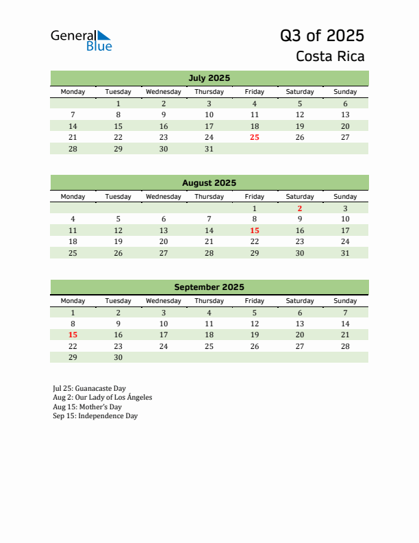 Quarterly Calendar 2025 with Costa Rica Holidays