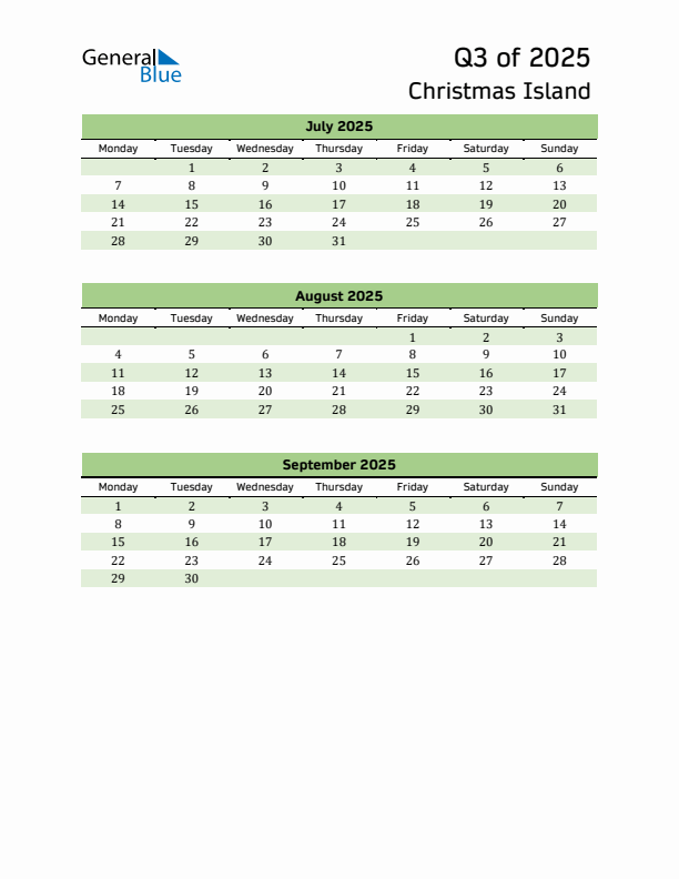 Quarterly Calendar 2025 with Christmas Island Holidays