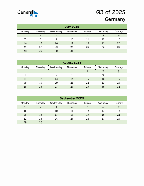 Quarterly Calendar 2025 with Germany Holidays