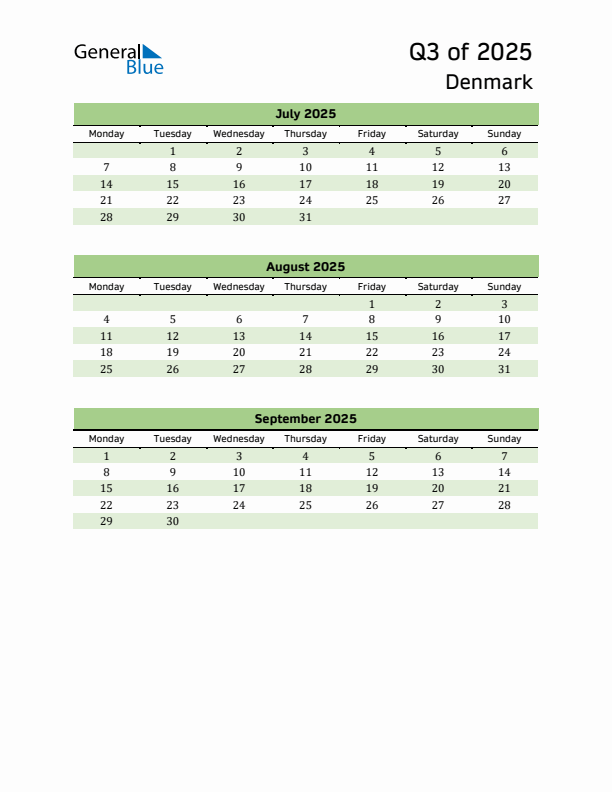 Quarterly Calendar 2025 with Denmark Holidays