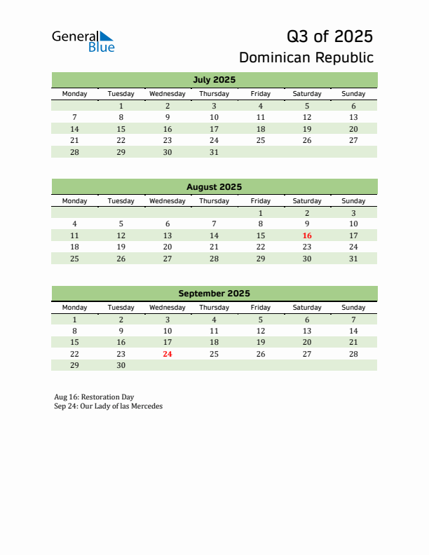 Quarterly Calendar 2025 with Dominican Republic Holidays