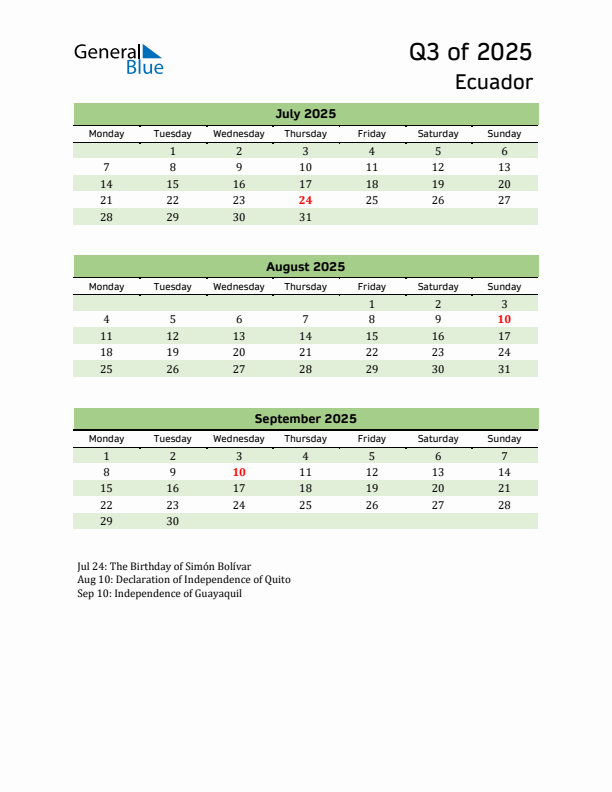 Quarterly Calendar 2025 with Ecuador Holidays