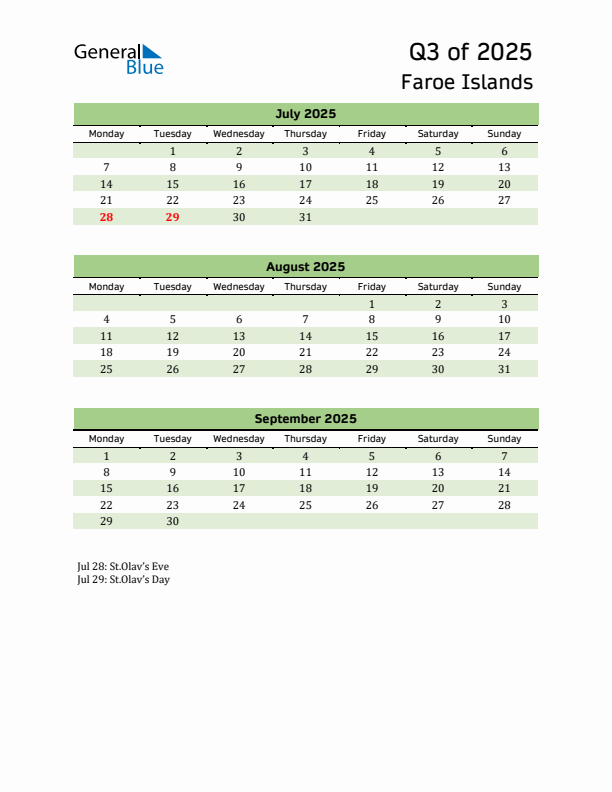 Quarterly Calendar 2025 with Faroe Islands Holidays