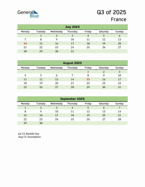 Quarterly Calendar 2025 with France Holidays