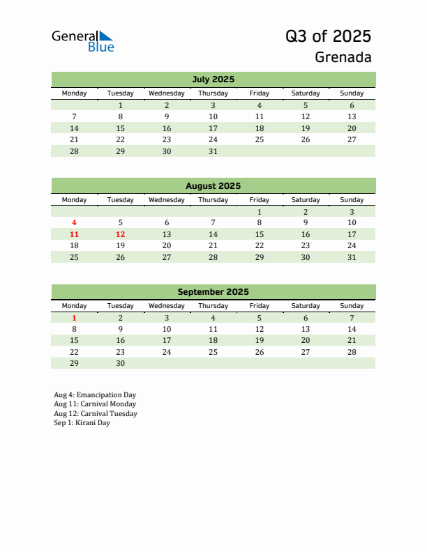 Quarterly Calendar 2025 with Grenada Holidays