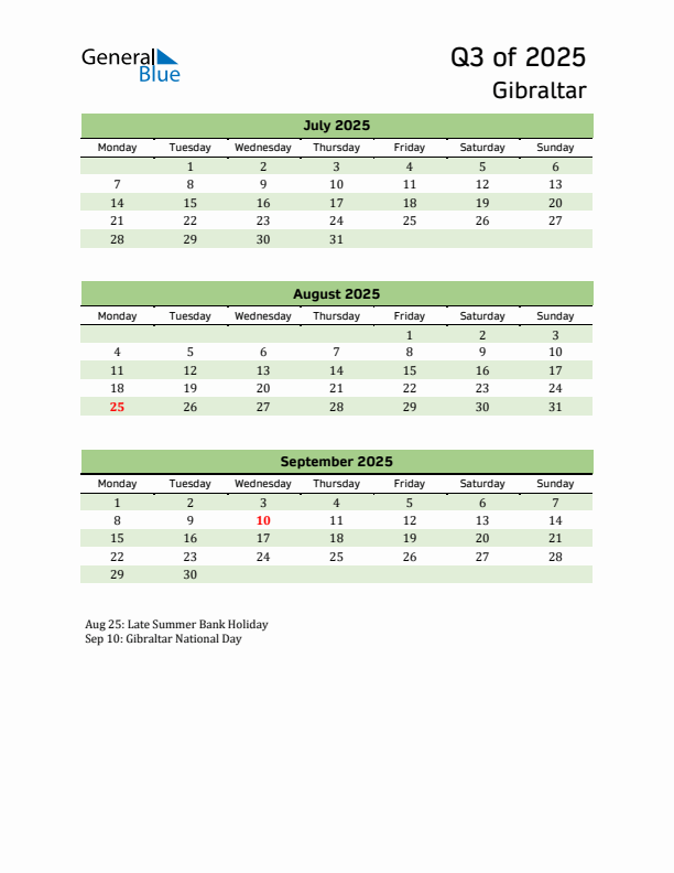 Quarterly Calendar 2025 with Gibraltar Holidays