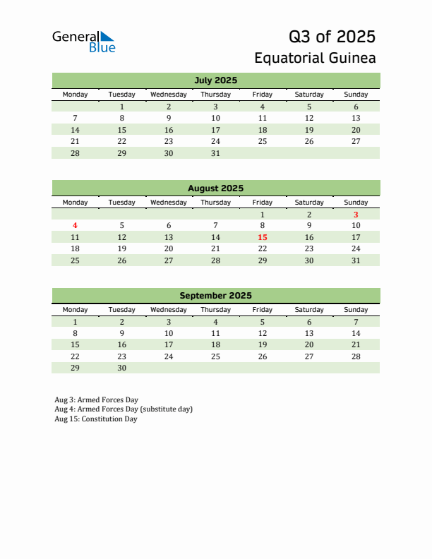 Quarterly Calendar 2025 with Equatorial Guinea Holidays