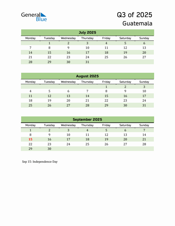 Quarterly Calendar 2025 with Guatemala Holidays