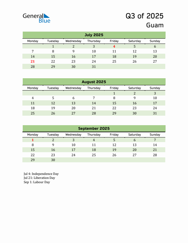 Quarterly Calendar 2025 with Guam Holidays