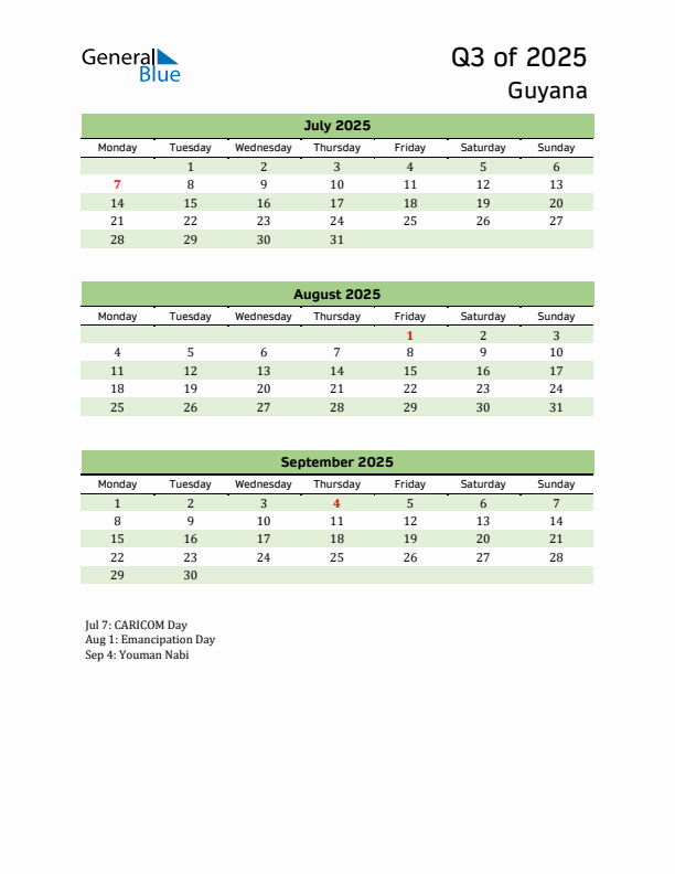 Quarterly Calendar 2025 with Guyana Holidays