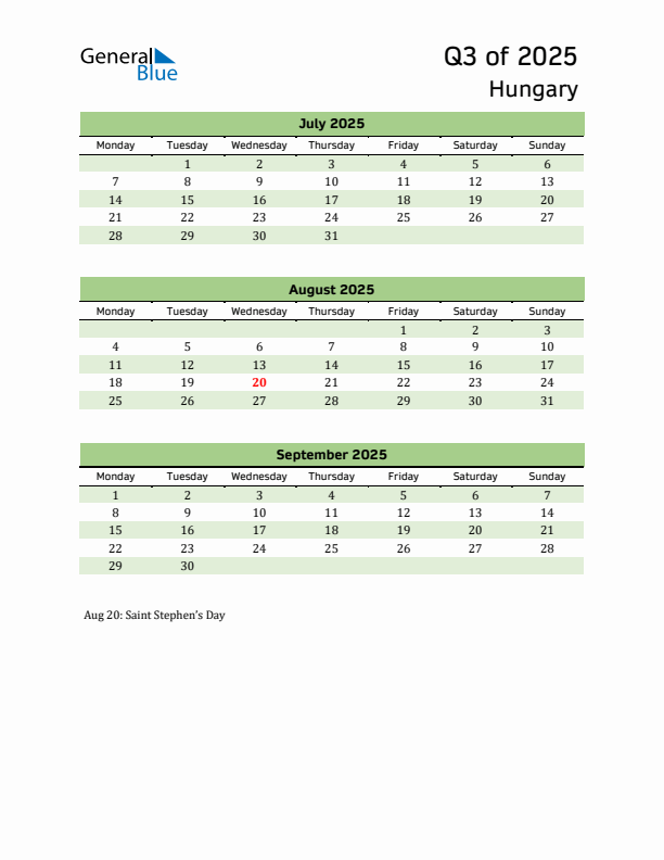 Quarterly Calendar 2025 with Hungary Holidays