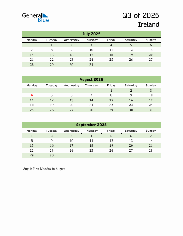 Quarterly Calendar 2025 with Ireland Holidays